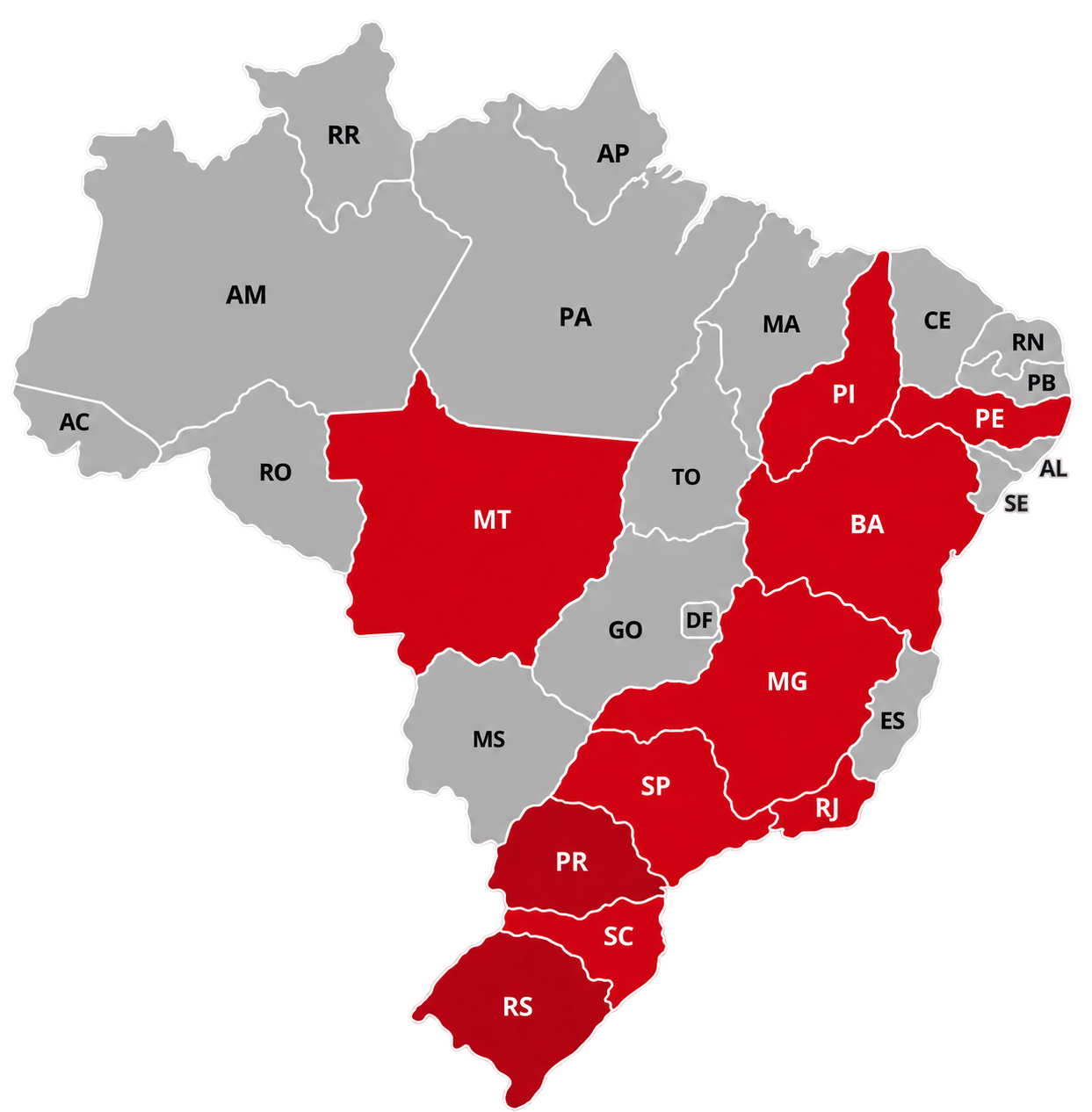 Mapa do Brasil com dez estados de atuação destacados: Bahia, Mato Grosso, Minas Gerais, Pernambuco, Piauí, Paraná, Rio de Janeiro, Rio Grande do Sul, Santa Catarina e São Paulo